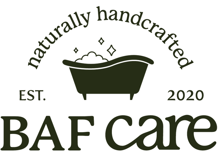 A dark olive green logo on a white background featuring the text 'naturally handcrafted', 'EST. 2020', and 'BAF care' with a bathtub and soap bubble graphic.